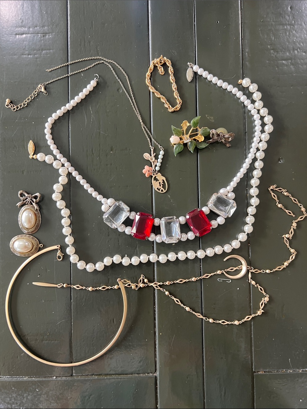 Pearl Necklace with Red and Clear Gem Accents - Unbranded